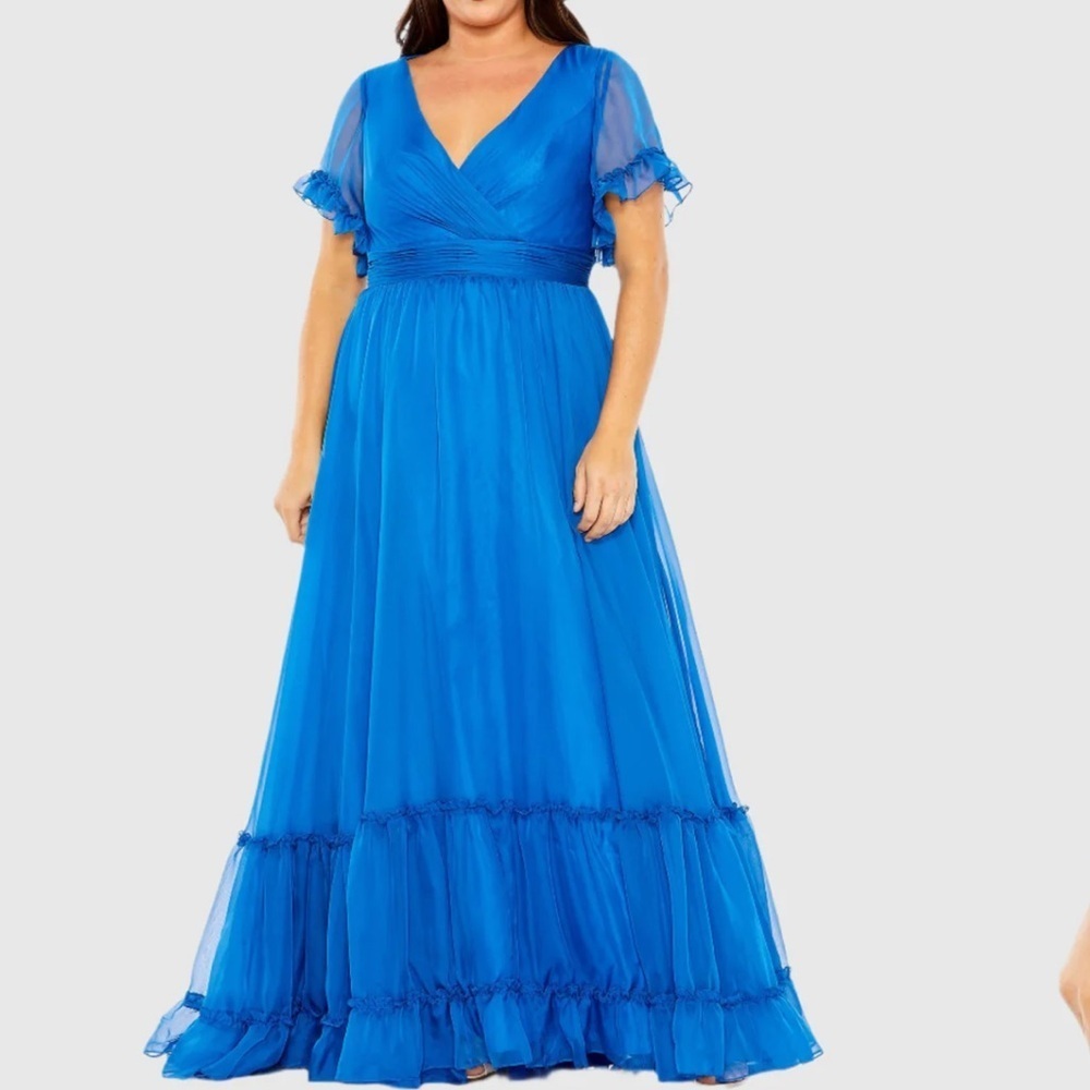 NWT Mac Duggal Chiffon Faux Wrap Flutter Sleeve Tiered Gown Ocean Blue 22W